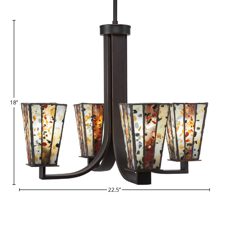 Eurig 4 Light Uplight Chandelier Shown In Dark Granite Finish With 5" Square Fiesta Art Glass