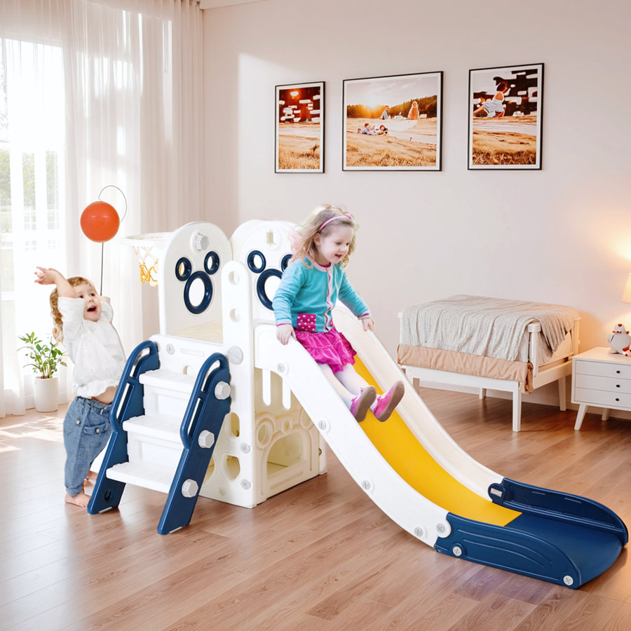 Kids Slide L-Shaped, 4 in 1 Slide Climber for Toddler, with Ball & Hoop, Storage Space and Non-Slip