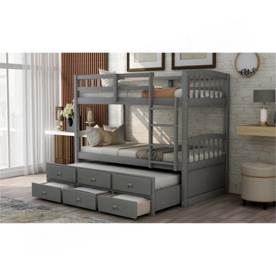 Lit superposé simple avec échelle, barrière de sécurité, lit gigogne simple à 3 tiroirs pour chambre à coucher, mobilier de chambre d'amis (gris) (ANCIEN SKU: LT000071AAE)
