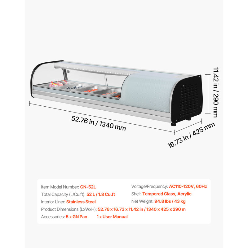 Réfrigérateur vitrine à sushi, étui à sushi commercial, vitrine de comptoir à 5 plaques avec verre courbé, éclairage DEL et contrôle de température numérique, pour bar à sushi, restaurant, magasin