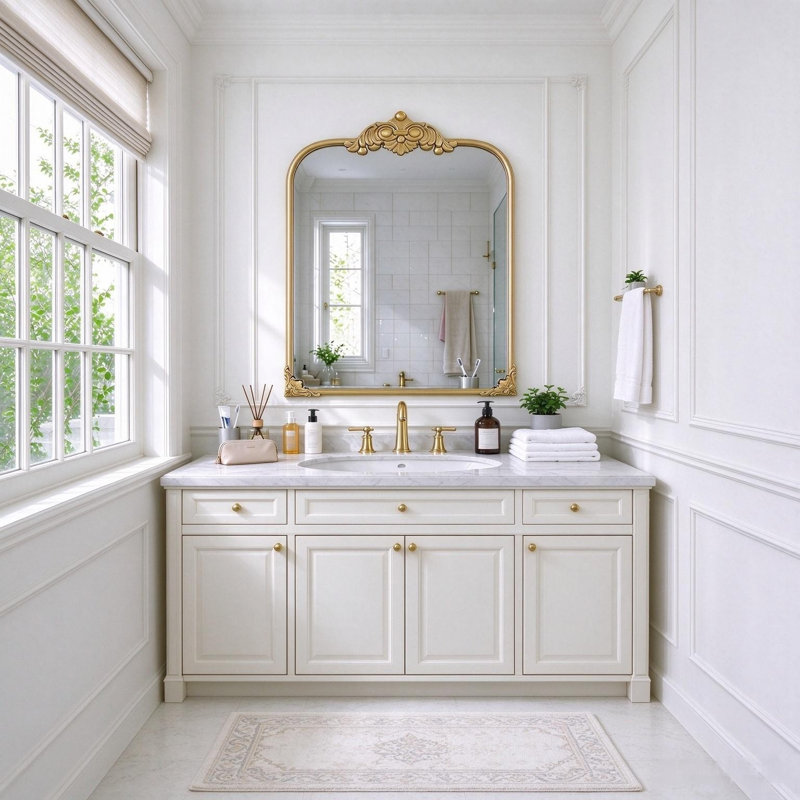 87 x 60 cm Baroque Gold Overmantle Mirror Ornate Wall Mirror Arched Bathroom Vanity Mirror, 87*60-PC 1
