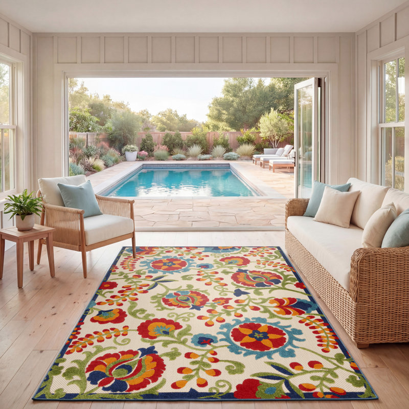 Bernia Floral Ivory/Red/Green Indoor/Outdoor Area Rug, Rectangle 6' x 9'