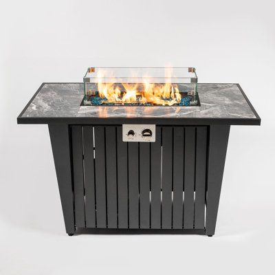 42'' Propane Gas Fire Pit Table, 50000 BTU Rectangular Steel with Glass Wind Guard for Patio - Gray