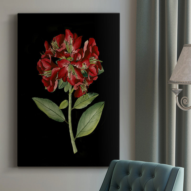 «Crimson Flowers on Black (A) I», peinture sur toile tendue, H 36 po x l 24 po x P 1 po