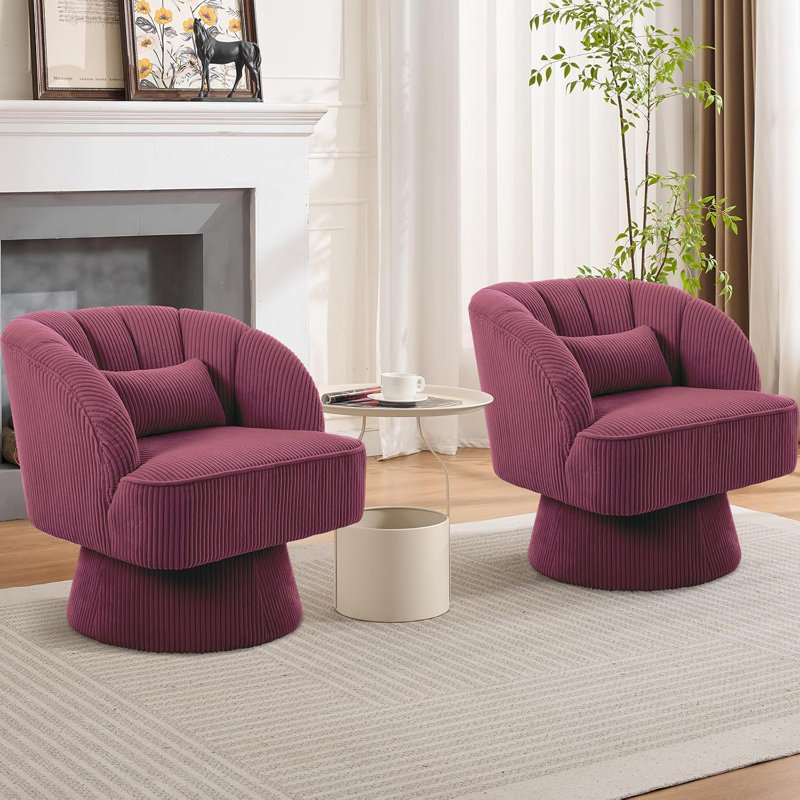 Fauteuil pivotant à rayures, fauteuil d'appoint moelleux avec coussin, Velours côtelé | Mauve