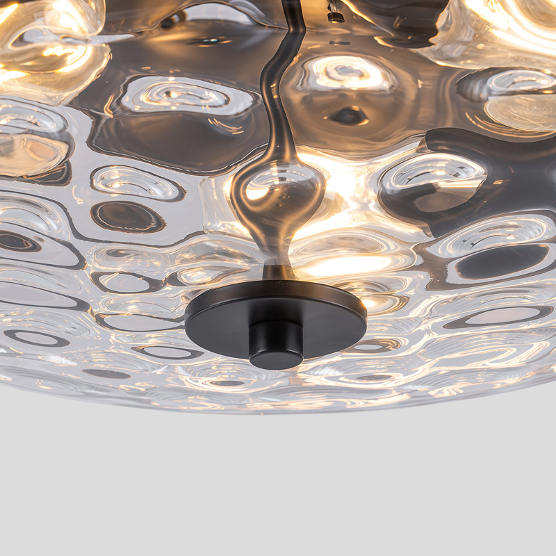 Plafonnier encastré 3 lumières avec abat-jour en verre martelé transparent et métal, Noir mat