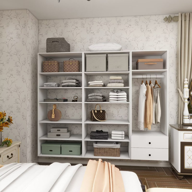 Système d'organisation modulaire blanc avec tringle, 13 tablettes et 2 tiroirs