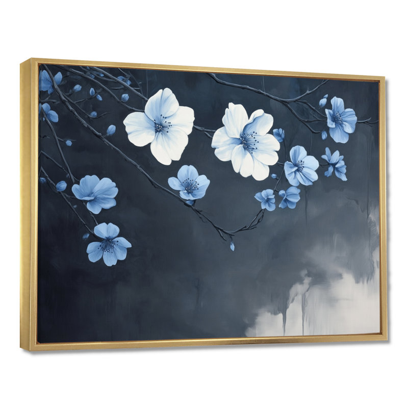 Toile florale de minuit, art mural fleur de cerisier bleu, Millwall, H 30 po x l 40 po, Cadre flottant doré