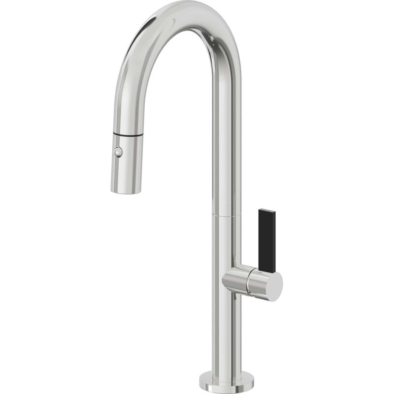 Pull-Down Prep/Bar Faucet With Button Sprayer, Black Flat Blade, Polished Chrome
