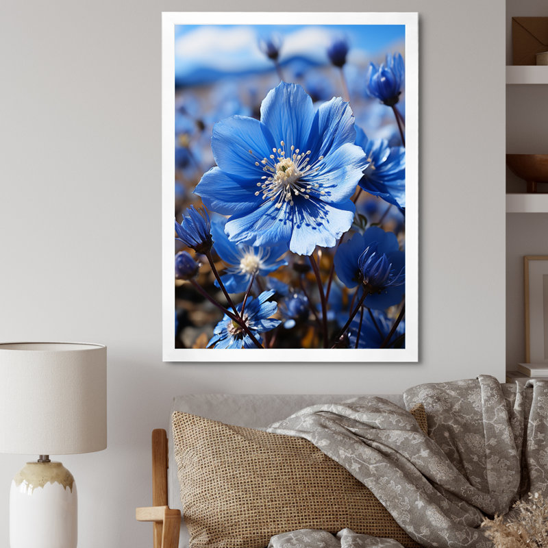 Blue Flower Cobalt Delight - Floral Wall Decor, Cadre simple blanc, H 32 po x l 24 po x P 1 po