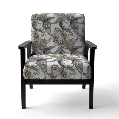 White Floral Paisley - Velvet Upholstered Patterned Accent Arm Chair