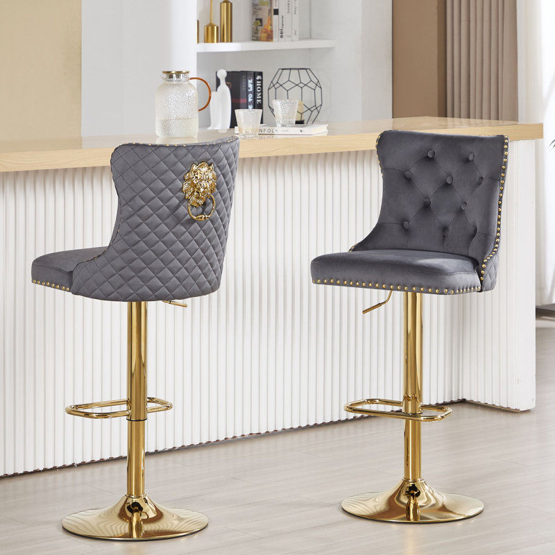 Tabouret de bar à hauteur ajustable Leonelle, Doré, Gris