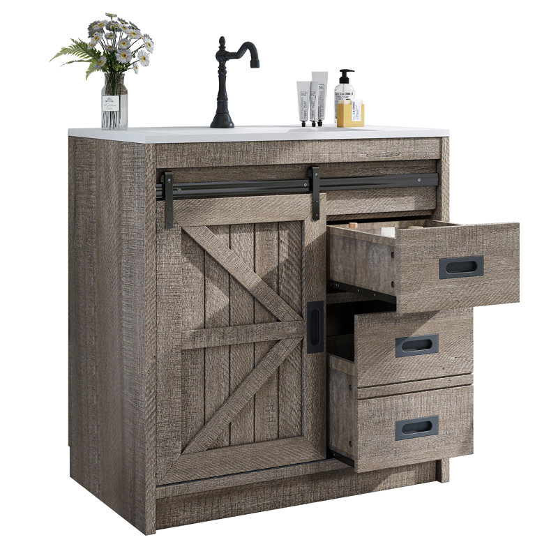 Meuble-lavabo 31 po à porte de grange coulissante avec évier Farmhouse, Gris