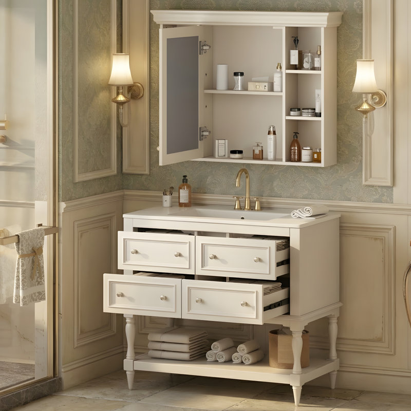 Meuble-lavabo 36 po avec lavabo en céramique et armoire à pharmacie, Beige