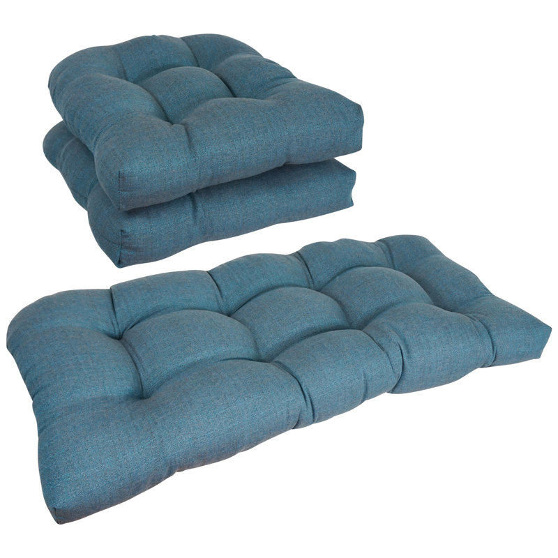 Rounded Back Solid Woven Olefin Settee Cushion Set (Set Of 3), Sea Blue