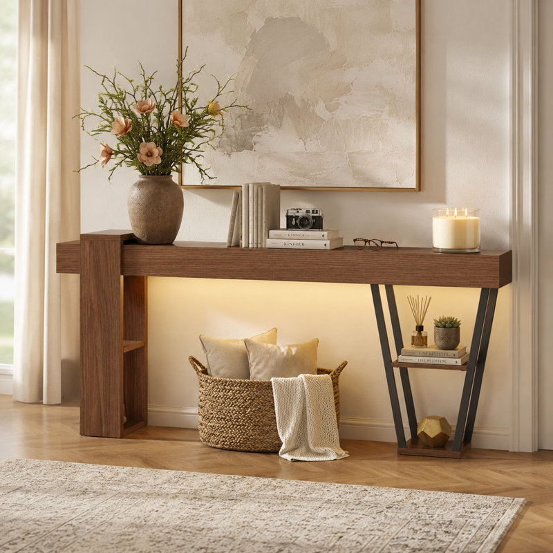 Console 70,9 po en noyer extra long avec éclairage DEL, entrée étroite et table de canapé