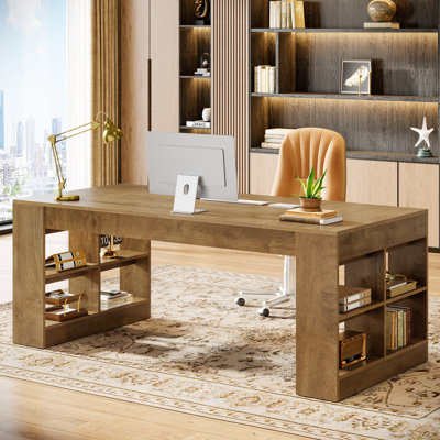 70.9 Inch Extra Long Desk, Two Person Desk With Storage Shelves, Double Computer Office Desk, Wood Large Gaming Writing Table Workstation For Home Of by Millwood Pines