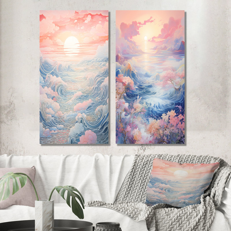 Ensemble de 2 décorations murales japonaises en métal «Kanagawa Wave Horizon» au Japon, H 32 po x l 32 po