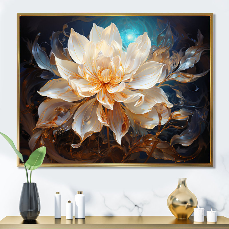 Éclairage fractal abstrait bleu sarcelle Madicyn, Cadre flottant doré, H 30 po x l 40 po x P 1,5 po
