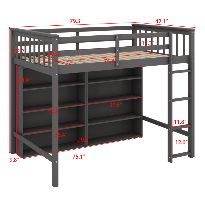 Loft Bed With Open Storage Shelves And Built-In Ladder
