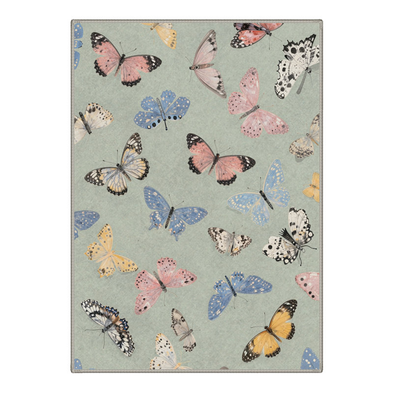 Adonis Aura Floral Butterfly Machine Washable Green / Blue / Pink / Yellow Indoor Area Rug with Non-Slip Backing