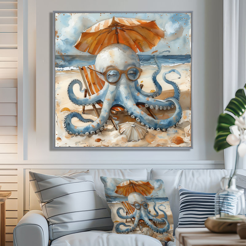 Pieuvre sur la plage à Hawaï II - pieuvre, décoration murale, Toile argentée avec cadre flottant