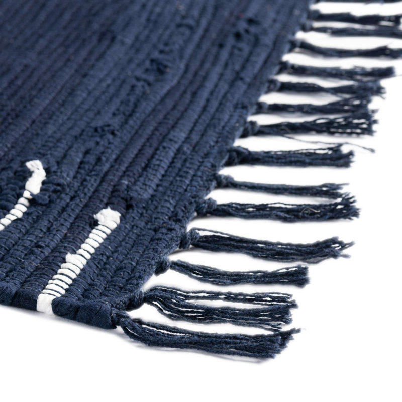 Tapis bleu marine en coton tissé à plat à la main Jordee, Tapis de couloir 2 pi x 8 pi