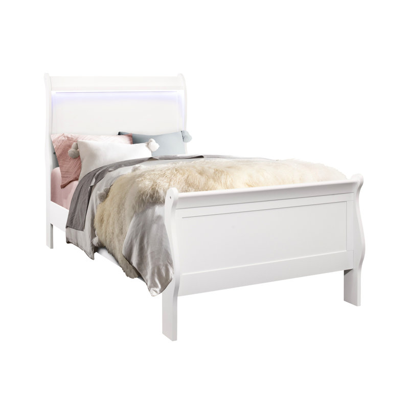 Lit à DEL blanc avec éclairage à DEL, style avec design moderne, finition bois massif et finition