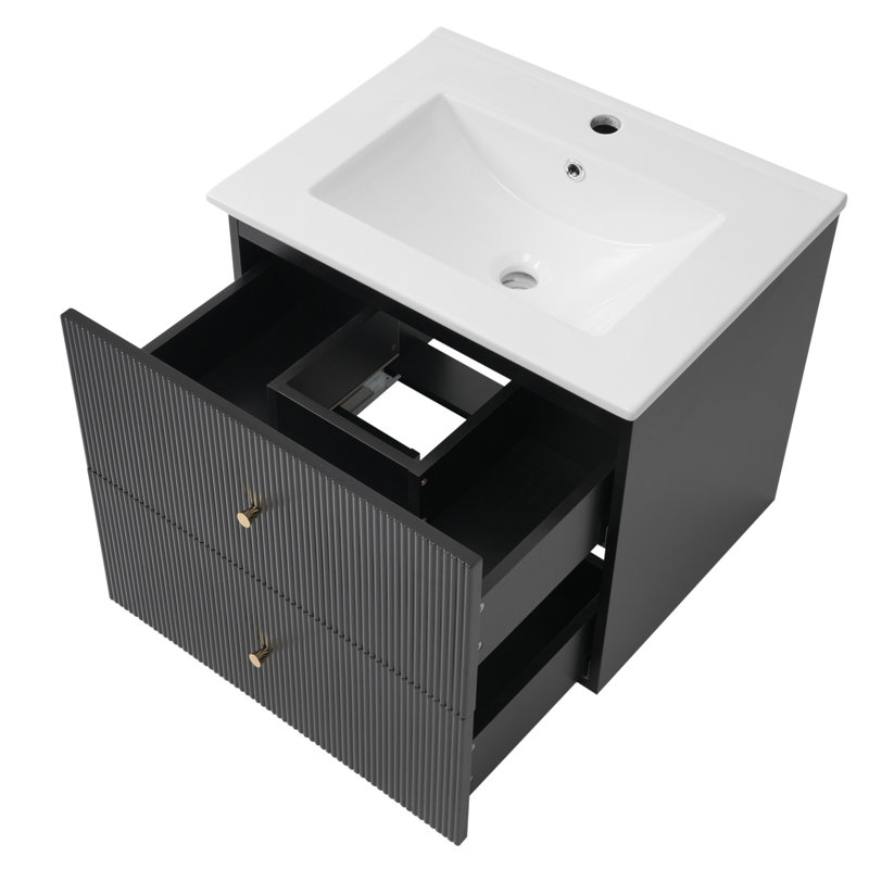 Meuble-lavabo mural 24 po avec 2 tiroirs - idéal pour les petites salles de bain, Noir, noir, noir, noir