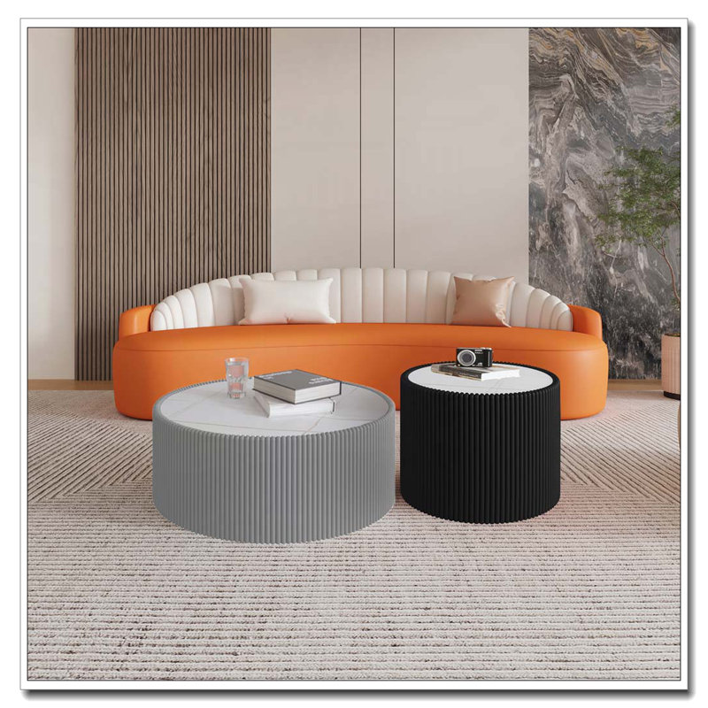 Table basse moderne en cuir fritté clair, Gris, blanc et or