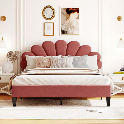 Lit plateforme tapissier avec tête de lit en velours à motif floral