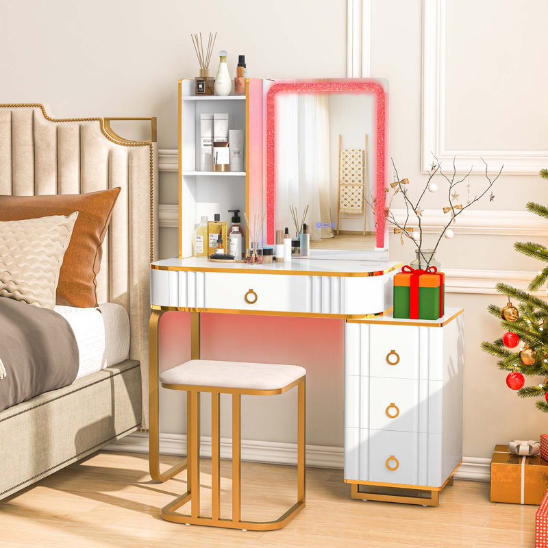 Mercer41 Vanity Table Set With Rgb Led Lights Crystal Crush Diamond Mirror Drawers White