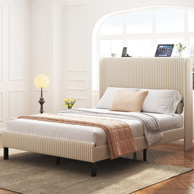Full Size Platform Bed With Beige Headboard And Charging Station, Metal Slats For Reliable Support, No Box Spring, Effortless Installation - Frame Station In Storage Headboard, Noise Operation,