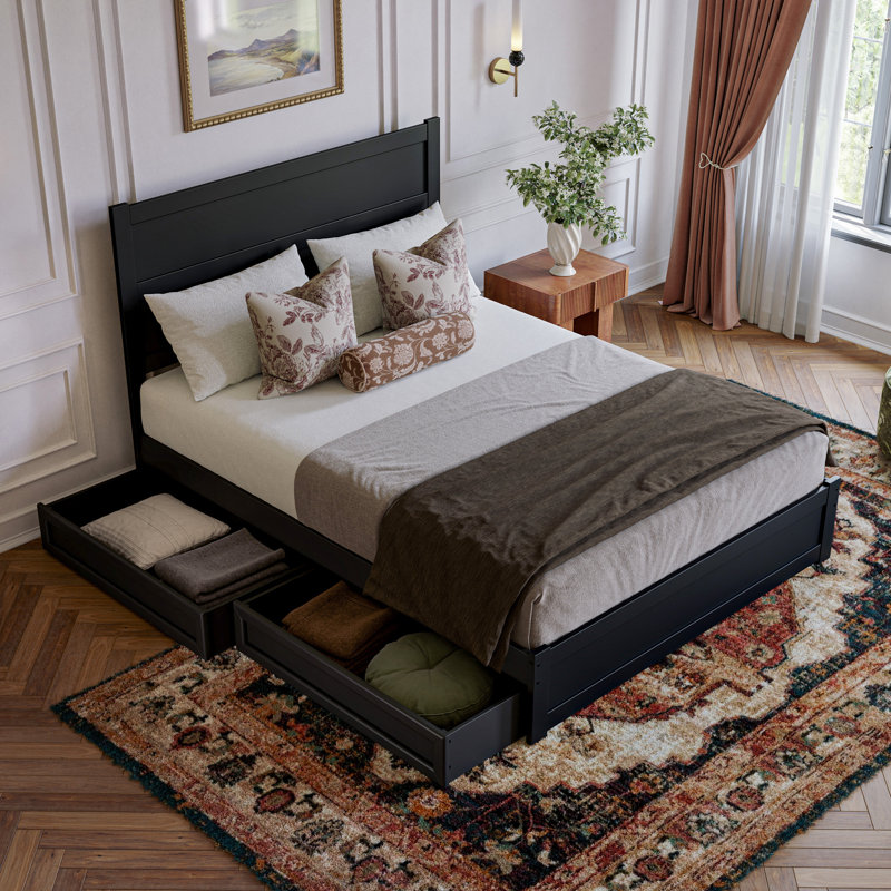 Aveline Wood Platform Bed with Storage Drawers, Black, Queen