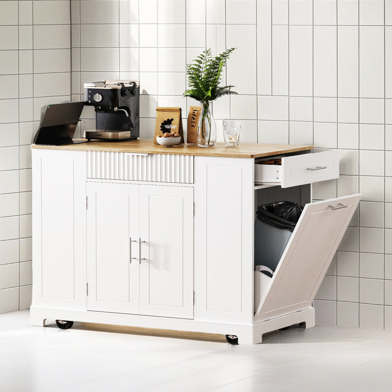 Fluted Kitchen Island With Trash Can Storage Cabinet, Power Outlet, Internal Storage Rack, Rolling Kitchen Islands On 5 Wheels With 3 Drawer, 3 Open Side Racks For 10 Gallon Garbage Bin