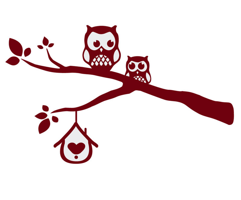 Décalcomanie murale owls sur une branche, Bourgogne, H 39 po x l 65 po x P 0,01 po