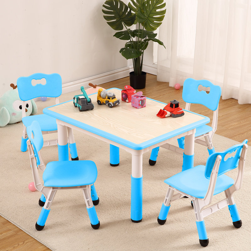 Table et 4 chaises réglables en hauteur pour enfants de 2 à 10 ans - Table d'activités/d'étude de bureau à motif graffiti - Plastique facile à nettoyer - Pieds antidérapants - Couleur : Bleu
