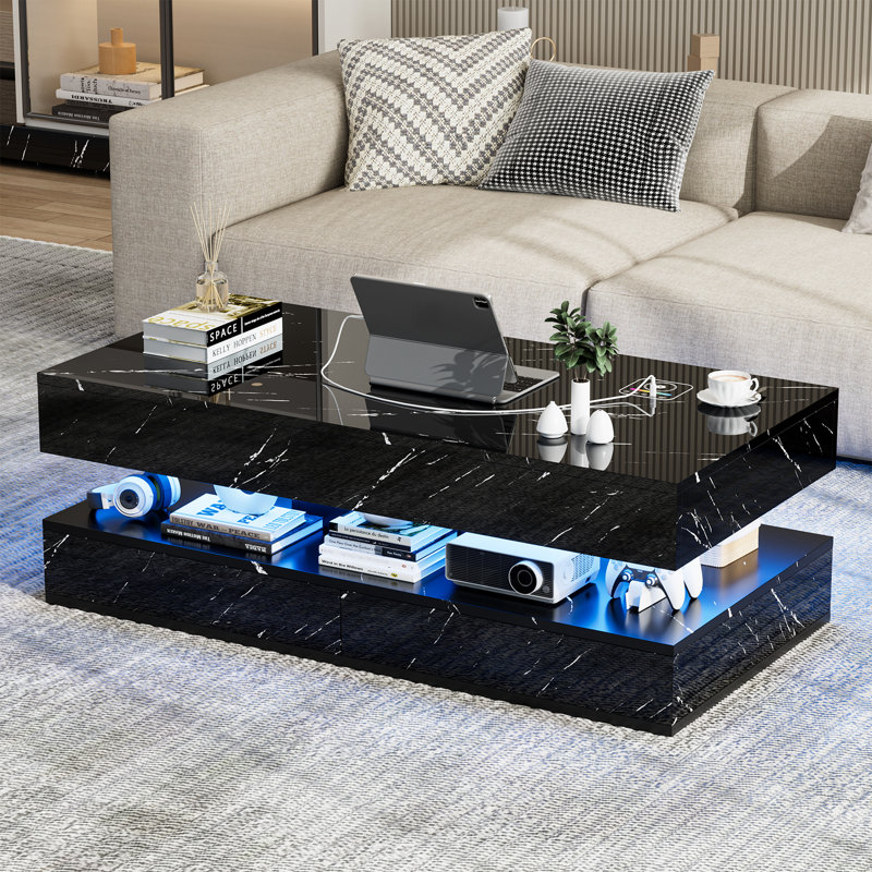 Table basse moderne ultrabrillante avec 2 tiroirs coulissants, lumières DEL de 16 couleurs, charge sans fil et haut-parleur intégré, grande table basse DEL brillante de 47 pouces