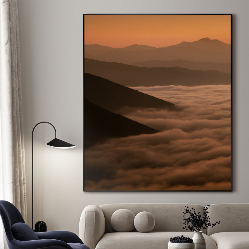 Très grand coucher de soleil doré, impression d'art mural paysage dramatique dans la vallée brumeuse, assemblage de cadre requis