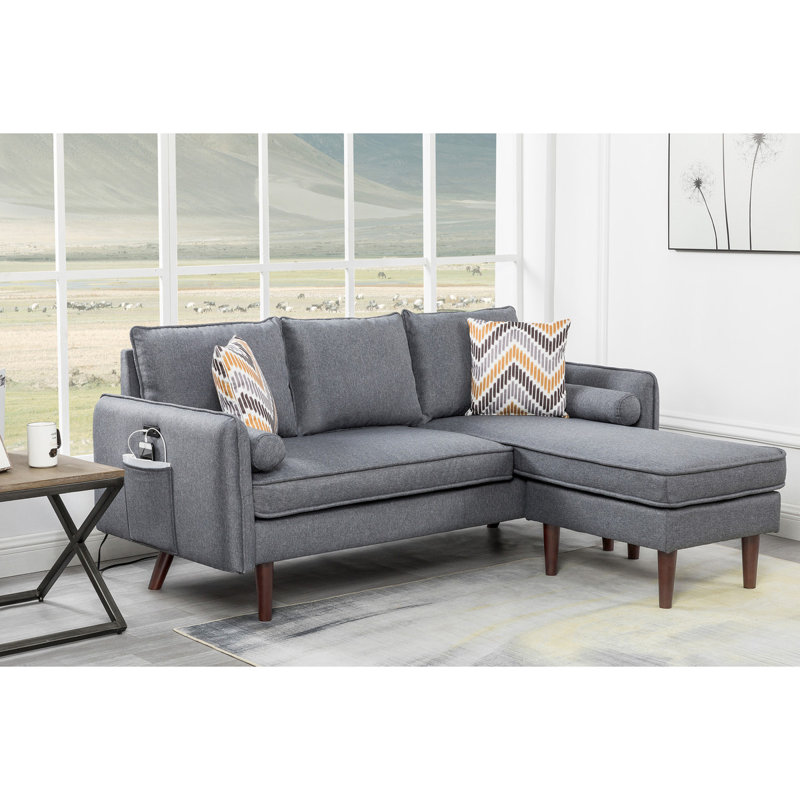 Canapé modulaire en L avec chargeur USB et oreillers, Polyester gris, Orienté à droite, Polyester