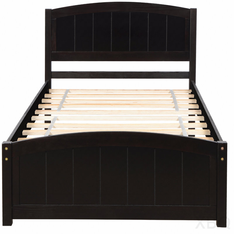 Lit plateforme en bois avec tête de lit, pied de lit et lattes de bois, espresso