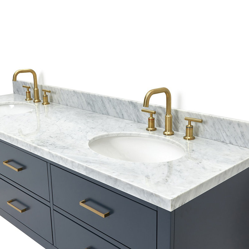 73'' W Double Vanity, Midnight Blue, Satin Brass, Italian Carrara Marble