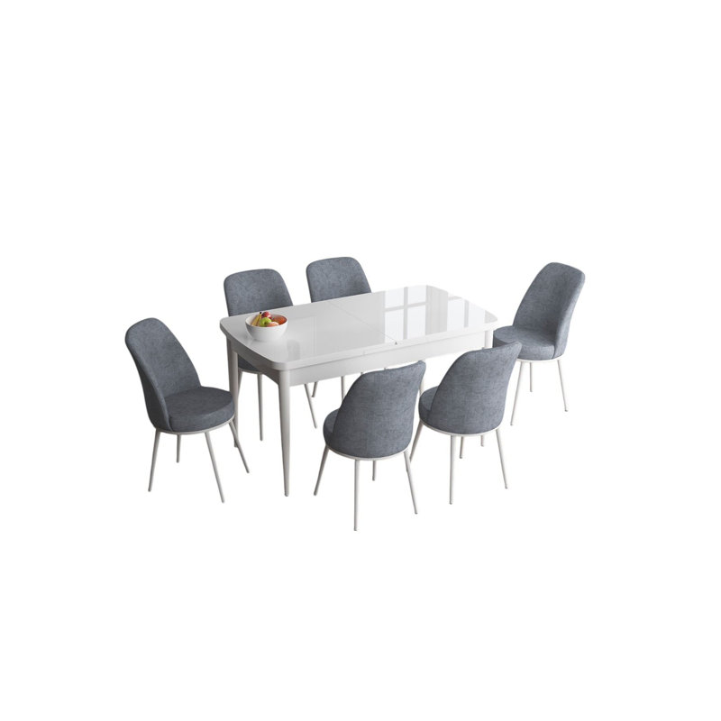 Ensemble de table et chaises de salle à manger moderne extensible (7 pièces), blanc et gris, 45 x 27,6 x 30,7 pouces | 100% panneau de fibres à densité moyenne avec pieds en métal, 6 chaises en tissu Jerry, sièges en mousse confortables, parfaits pour les espaces de salle à manger contemporains