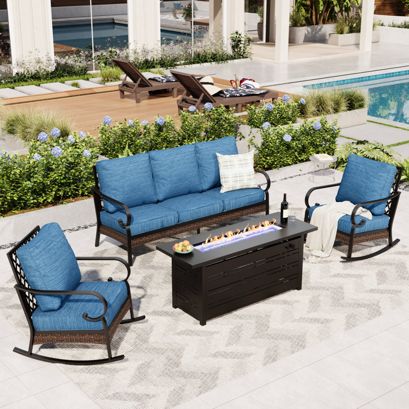 5-Person Sofa Seating Group With Rocking Lounge Chairs & Fire Pit Table, Black/Denim Blue/Black
