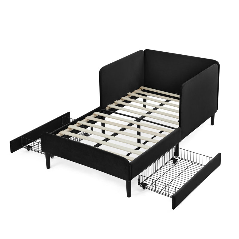 Twin Size Upholstered Platform Bed Frame With 2 Storage Drawers, Adjustable Velvet Sofa Bed, Black, Twin, Black
