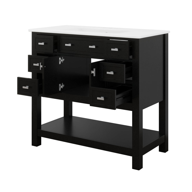 Meuble-lavabo 36 po avec lavabo simple, meuble-lavabo moderne avec 2 portes à fermeture douce, 6 tiroirs et une tablette qui s'ouvre