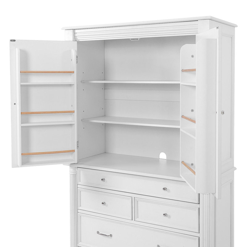 Grand garde-manger autoportant de 43,3 po x 20 po x 77,3 po avec 6 tablettes de porte, 2 tablettes réglables et 5 tiroirs, blanc