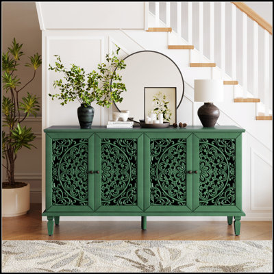Buffet antique de 60 pouces avec sculptures florales, pieds en bois massif, poignées en laiton et tablettes réglables pour la télévision et le rangement