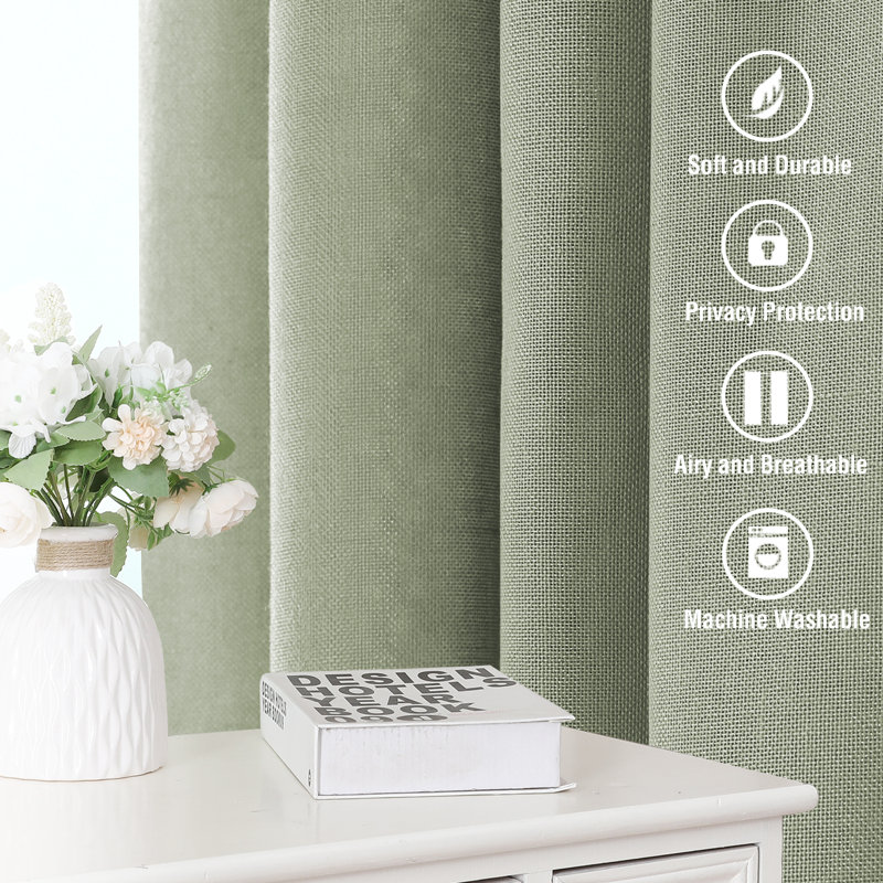 Linen Curtains for Living Room 2 Panels Back Tab Loop Pocket Textured Light Filtering Semi Sheer Rustic Farmhouse Boho Curtain for Bedroom , Sage