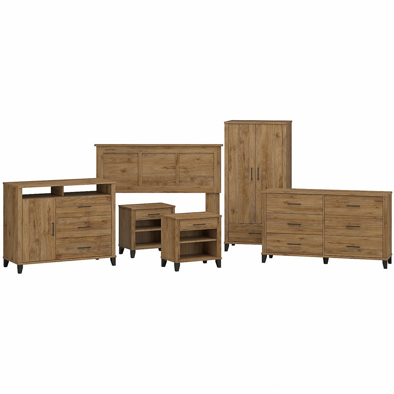 Ensemble de chambre à coucher 6 pièces avec tête de lit double / grand et rangement Kaionna, Noyer frais